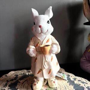 Easter Morning Bunny Figurine Carrot Robe Coffee Cup Spring Decor NWT